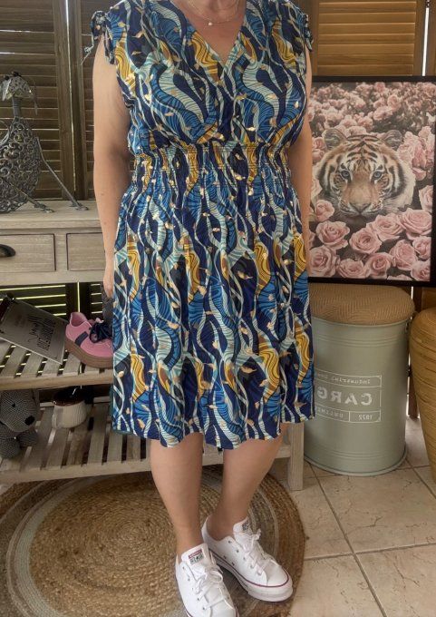 Robe dite "magique" ultra extensible arabesques tons bleus bulles dorées or du 38 au 50/52