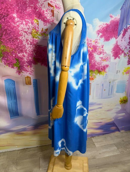 Robe mi-longue Tie & Dye Bleu Royal broderie poitrine et bretelles douceur +++ du 40 au 52