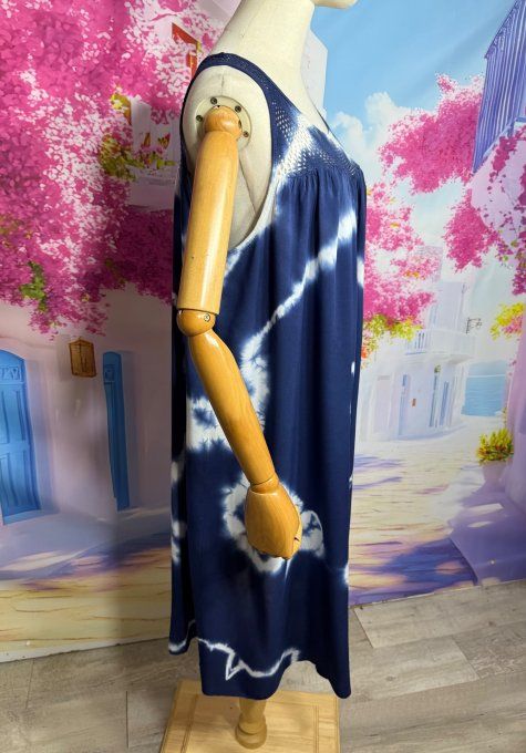 Robe mi-longue Tie & Dye Bleu Marine broderie poitrine et bretelles douceur +++ du 40 au 52