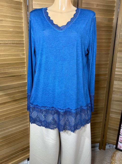Top dentelle / Sous-pull dit "Rouleau" bleu Roy manches longues qualité +++ du 40 au 52