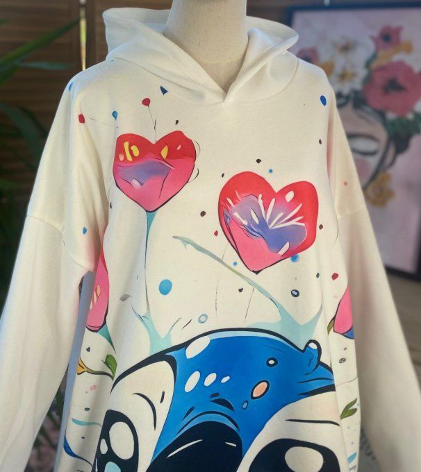 Sweat à capuche long ou robe sweat blanc Stitch. in Love du 40 au 52 