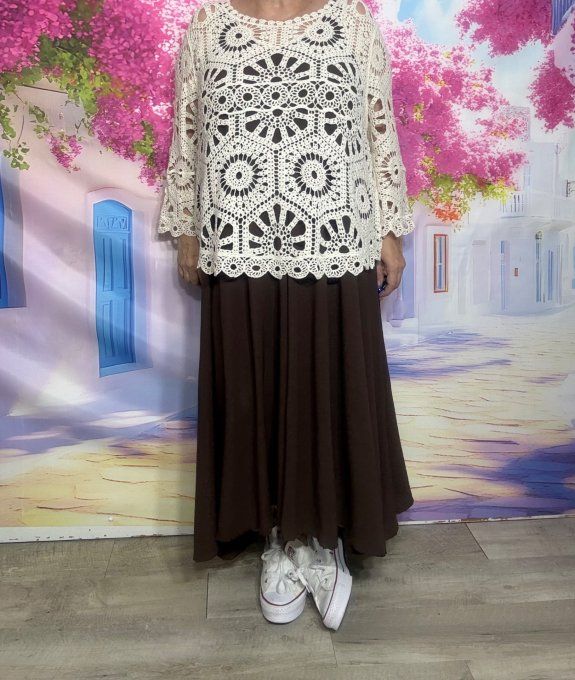 Robe trapèze longue Chocolat liseret écru Viscose confort +++ du 36 au 48/50 