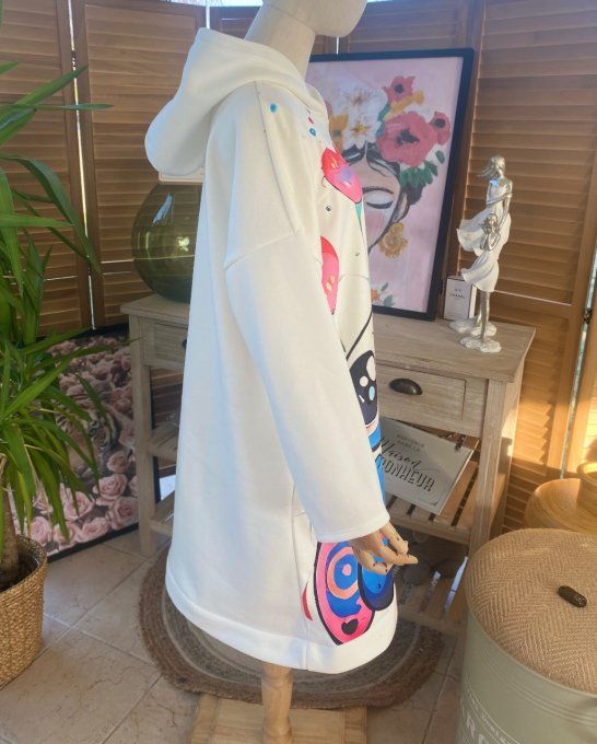 Sweat à capuche long ou robe sweat blanc Stitch. in Love du 40 au 52 