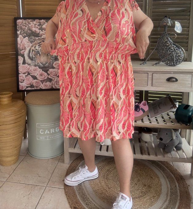 Robe dite "magique" ultra extensible arabesques tons roses bulles dorées or du 38 au 50/52 