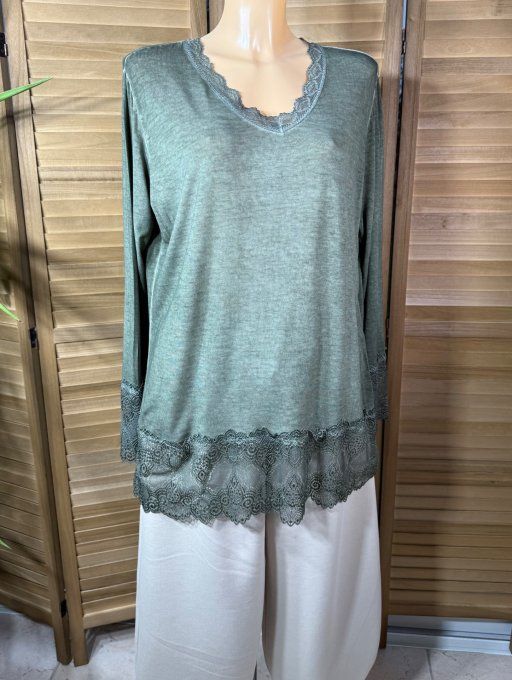 Top dentelle / Sous-pull dit "Rouleau" Kaki manches longues qualité +++ du 40 au 52