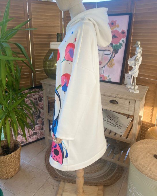 Sweat à capuche long ou robe sweat blanc Stitch. in Love du 40 au 52 
