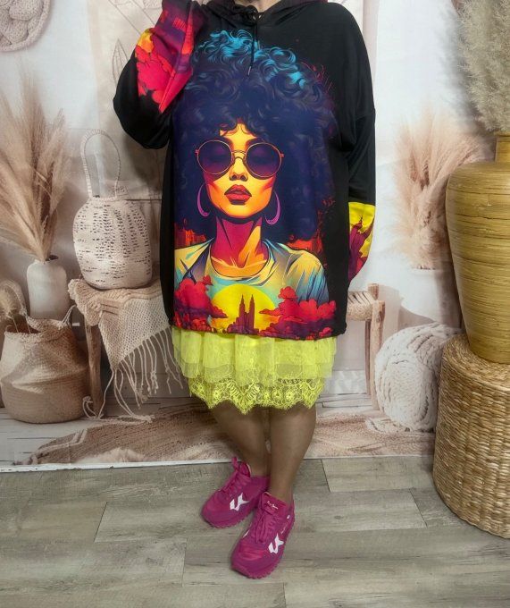 Sweat fin à capuche long noir African Fashion Pretty Woman du 40 au 52/54 