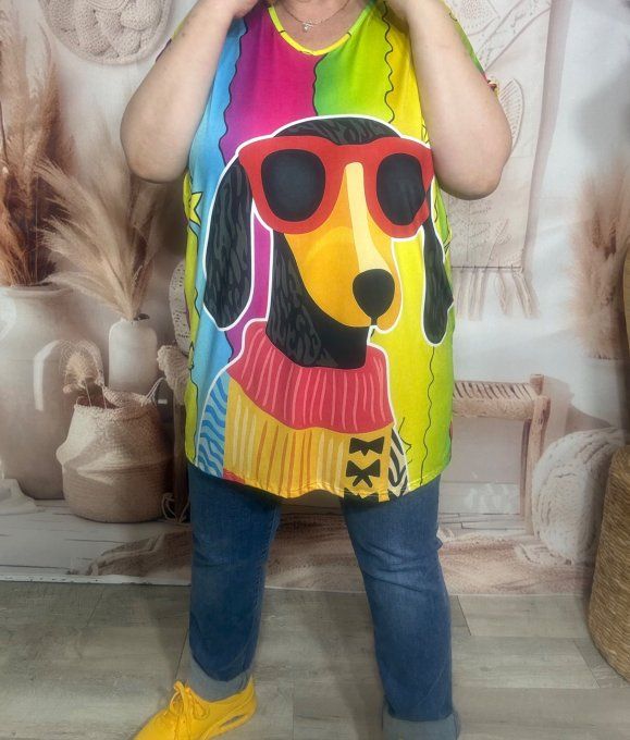 Tee-shirt fin ample lycra rayé Arc-en-ciel Mon Teckel à lunettes  du 40 au 52/54  