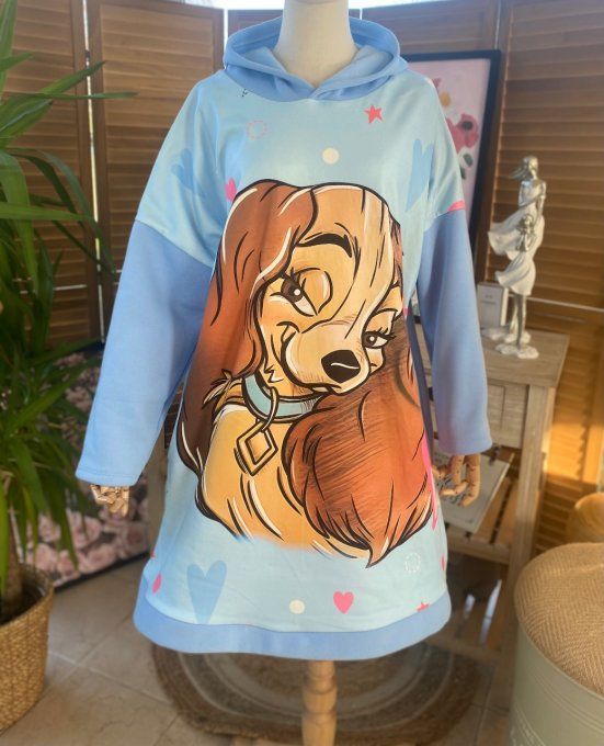 Sweat à capuche long ou robe sweat ciel La belle & Le Clochard. du 40 au 52
