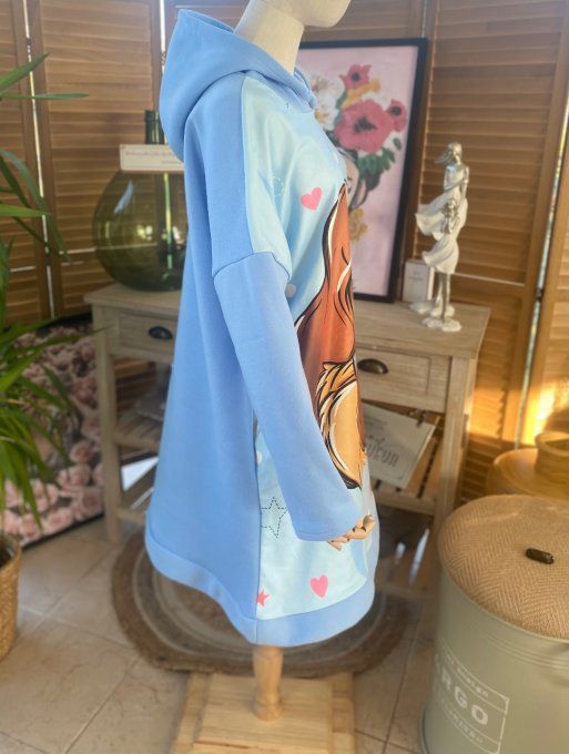 Sweat à capuche long ou robe sweat ciel La belle & Le Clochard. du 40 au 52