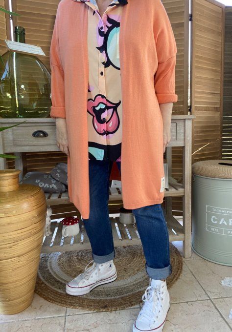 Gilet long sans laine ample orange abricoté douceur ++++ du 38 au 50/52 
