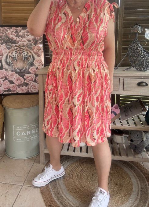 Robe dite "magique" ultra extensible arabesques tons roses bulles dorées or du 38 au 50/52 