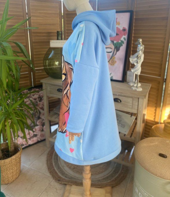 Sweat à capuche long ou robe sweat ciel La belle & Le Clochard. du 40 au 52
