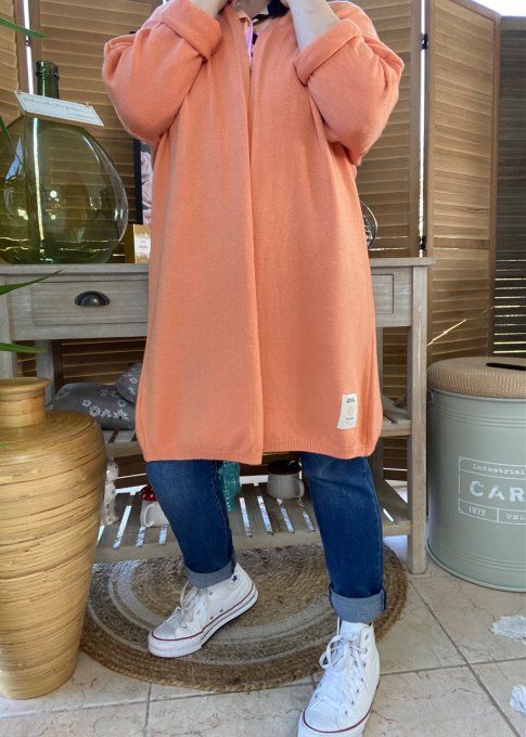 Gilet long sans laine ample orange abricoté douceur ++++ du 38 au 50/52 