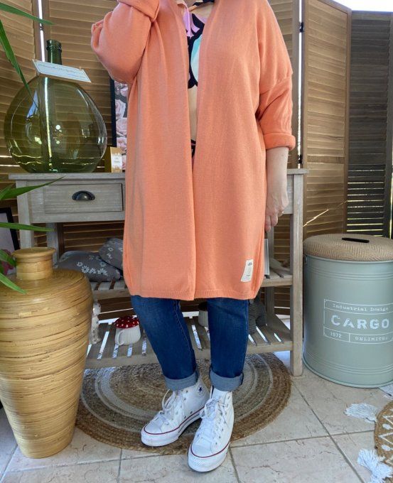 Gilet long sans laine ample orange abricoté douceur ++++ du 38 au 50/52 