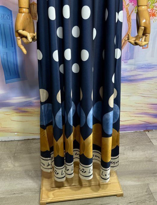 Robe trapèze longue fines bretelles soie marine Bulles Camel beige bleu blanc du 36 au 44/46