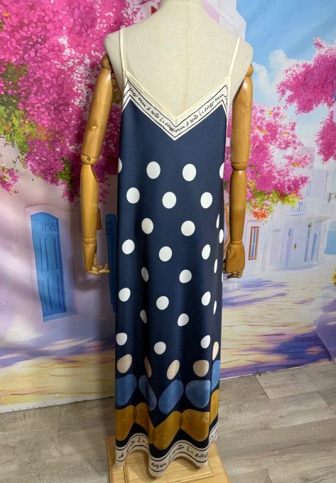 Robe trapèze longue fines bretelles soie marine Bulles Camel beige bleu blanc du 36 au 44/46