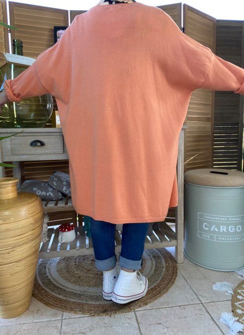 Gilet long sans laine ample orange abricoté douceur ++++ du 38 au 50/52 