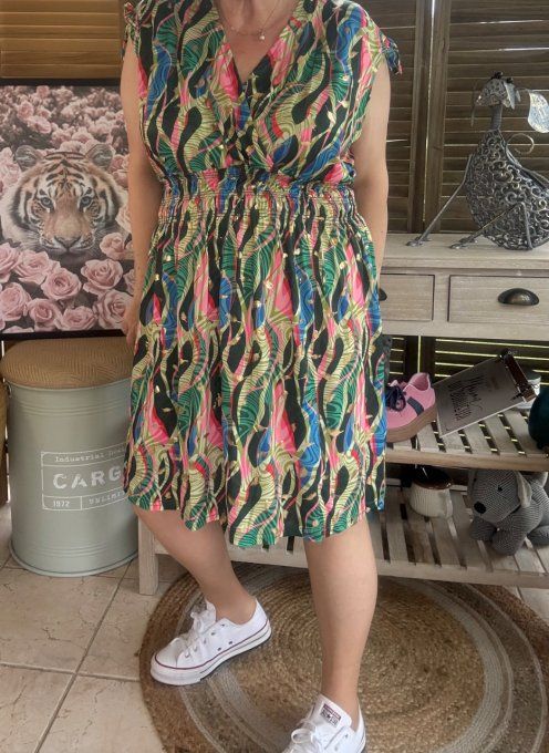 Robe dite "magique" ultra extensible arabesques tons verts bulles dorées or du 38 au 50/52