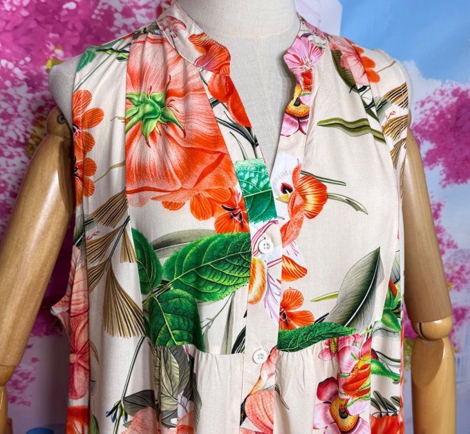 Robe trapèze longue crème Fleurs exotiques multicolores Fly Out douceur +++ du 38 au 48