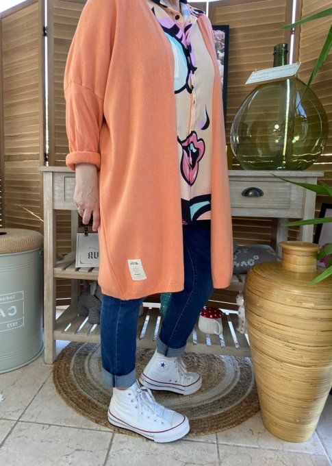 Gilet long sans laine ample orange abricoté douceur ++++ du 38 au 50/52 