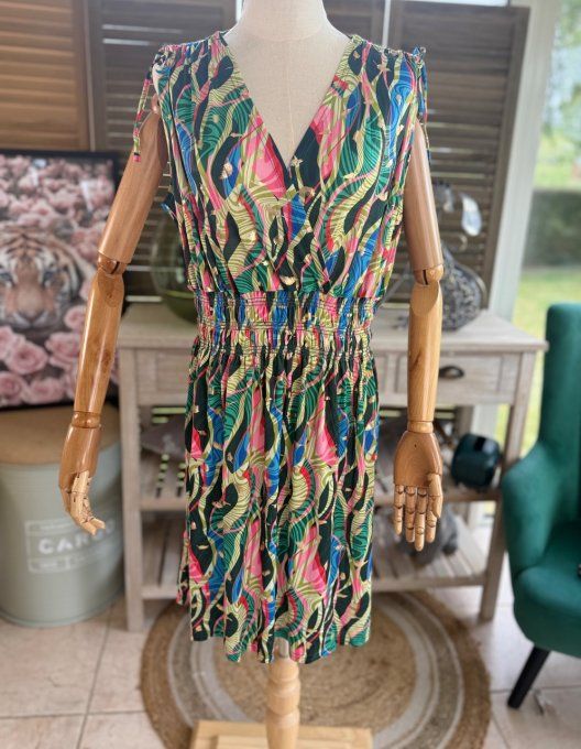 Robe dite "magique" ultra extensible arabesques tons verts bulles dorées or du 38 au 50/52