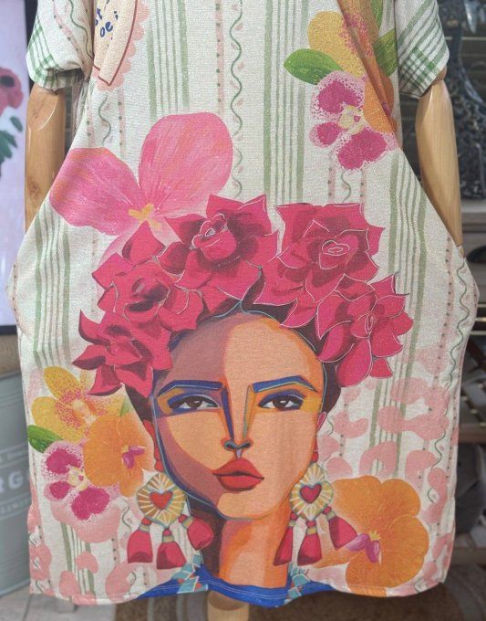 Robe mi-longue lurex beige pailleté doré Frida Kahlo revisitée Mexican Spirit du 36 au 46