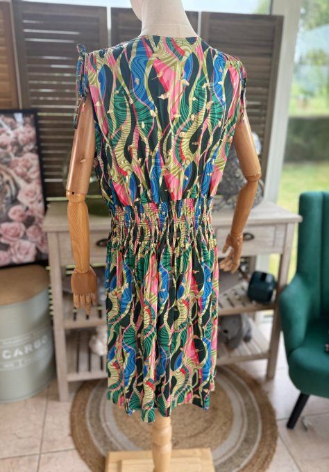 Robe dite "magique" ultra extensible arabesques tons verts bulles dorées or du 38 au 50/52