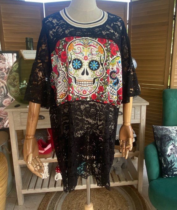 Top tunique ample dentelle noire Mexican Skulls Calaveras du 40 au 50/52