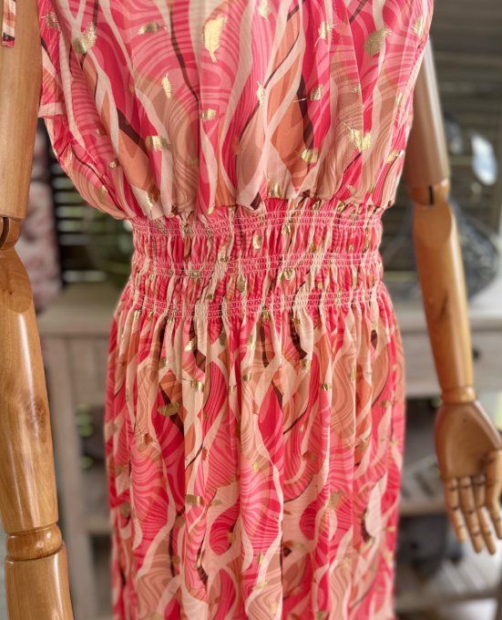 Robe dite "magique" ultra extensible arabesques tons roses bulles dorées or du 38 au 50/52 