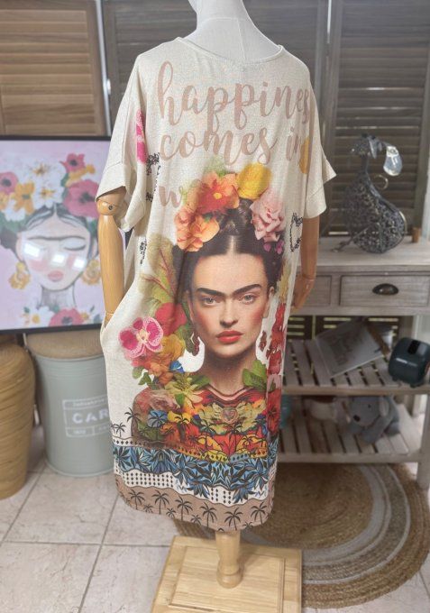 Robe mi-longue lurex beige pailleté doré Frida Kahlo More Amor du 36 au 46