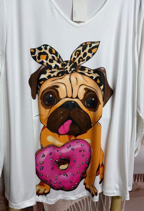 Lot de 2 Tops blancs manches longues Chat et Bouledogue du 42 au 56/58