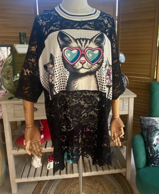 Top tunique ample dentelle noire Les Chats aux Lunettes Coeurs du 40 au 50/52  