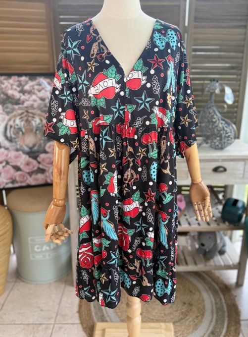 Robe trapèze courte noire Tattoo Summer Cerises Colibris Coeurs du 40 au 52 