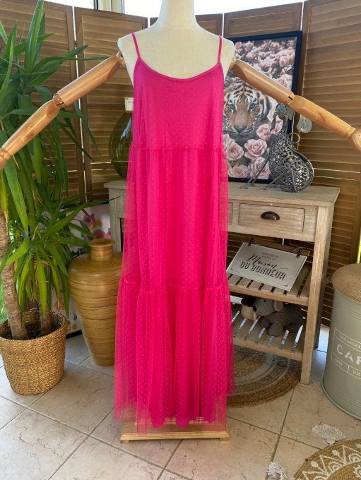 Fond de robe long tulle Fuschia et plumetis  bretelles réglables du 38 au 46/48 
