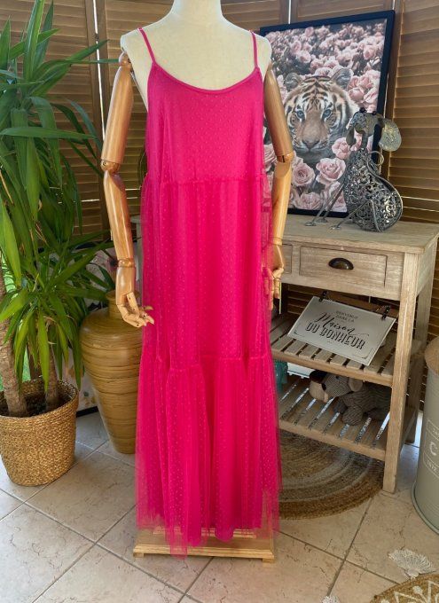 Fond de robe long tulle Fuschia et plumetis  bretelles réglables du 38 au 46/48 