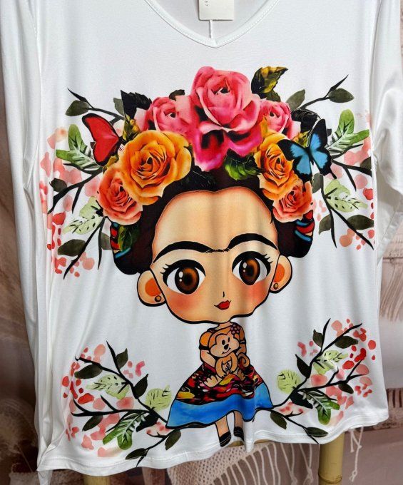 Lot de 2 Tops blancs manches longues Frida Kahlo du 42 au 56/58