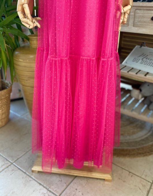 Fond de robe long tulle Fuschia et plumetis  bretelles réglables du 38 au 46/48 