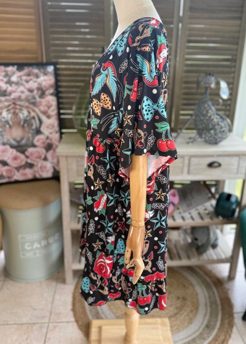 Robe trapèze courte noire Tattoo Summer Cerises Colibris Coeurs du 40 au 52 