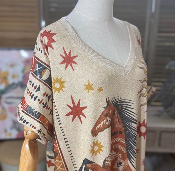 Robe mi-longue lurex beige pailleté doré Le Cheval et le Soleil du 40 au 50
