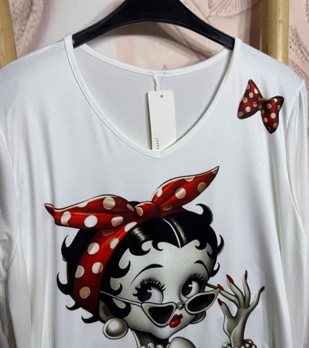 Top trapèze blanc manches longues Betty Boop Pin Up Rétro chic du 40 au 54/56 