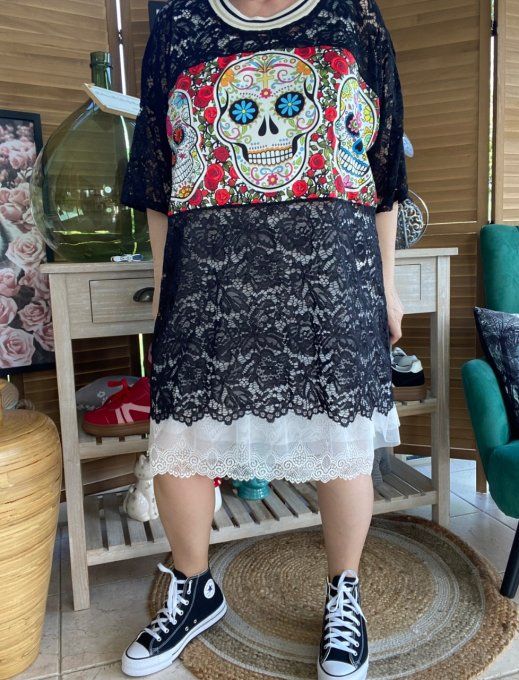 Top tunique ample dentelle noire Mexican Skulls Calaveras du 40 au 50/52