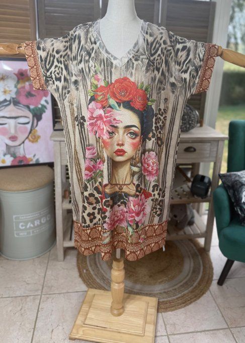 Robe mi-longue lurex beige pailleté doré Frida Kahlo style Art déco du 40 au 50 