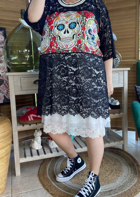 Top tunique ample dentelle noire Mexican Skulls Calaveras du 40 au 50/52