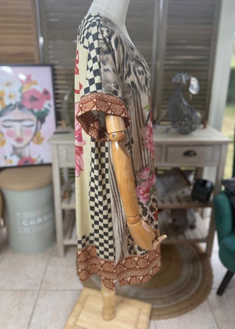 Robe mi-longue lurex beige pailleté doré Frida Kahlo style Art déco du 40 au 50 