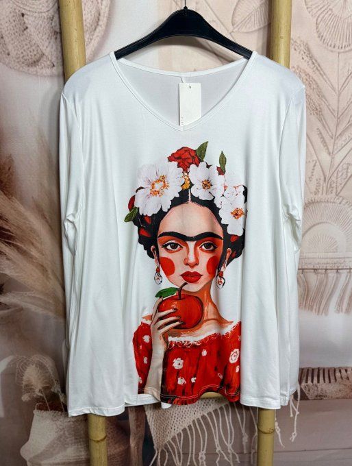 Lot de 2 Tops blancs manches longues Frida Kahlo du 42 au 56/58