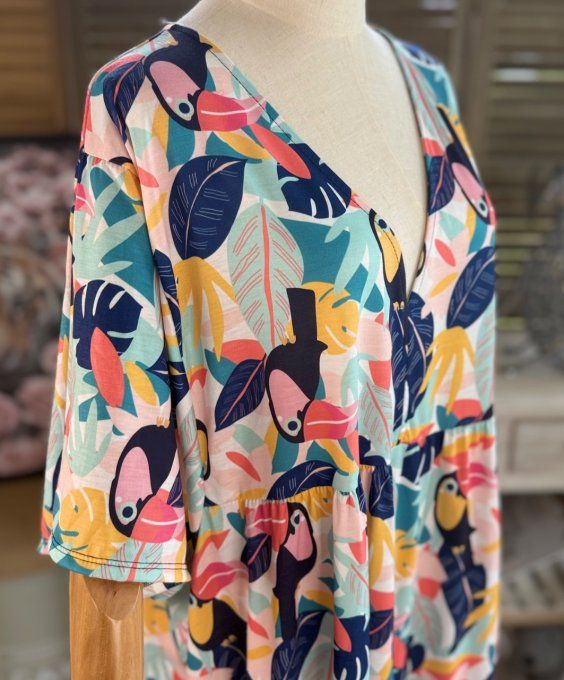 Robe trapèze courte Tropical jungle Toucans du 40 au 52 