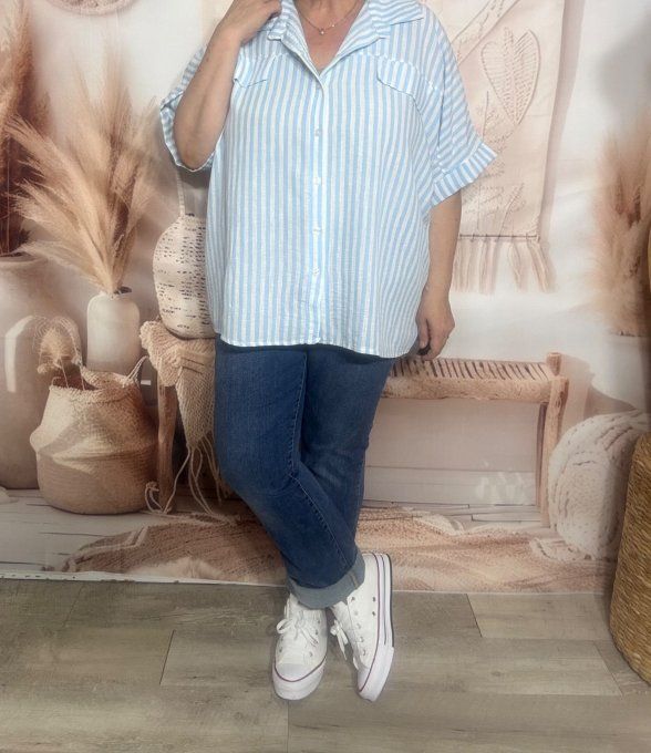 Chemise oversize rayée bleu ciel & blanc effet gaufré et aspect Lin du 40 au 52/54