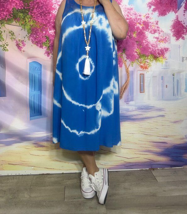 Robe mi-longue Tie & Dye Bleu Royal broderie poitrine et bretelles douceur +++ du 40 au 52