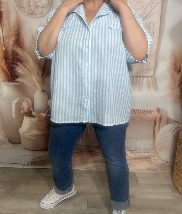 Chemise oversize rayée bleu ciel & blanc effet gaufré et aspect Lin du 40 au 52/54